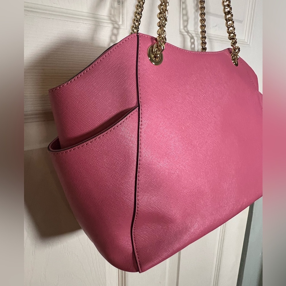 Michael Kors Pink Saffiano Leather Tote Gold Chain Shoulder Bag - Picture 10 of 16